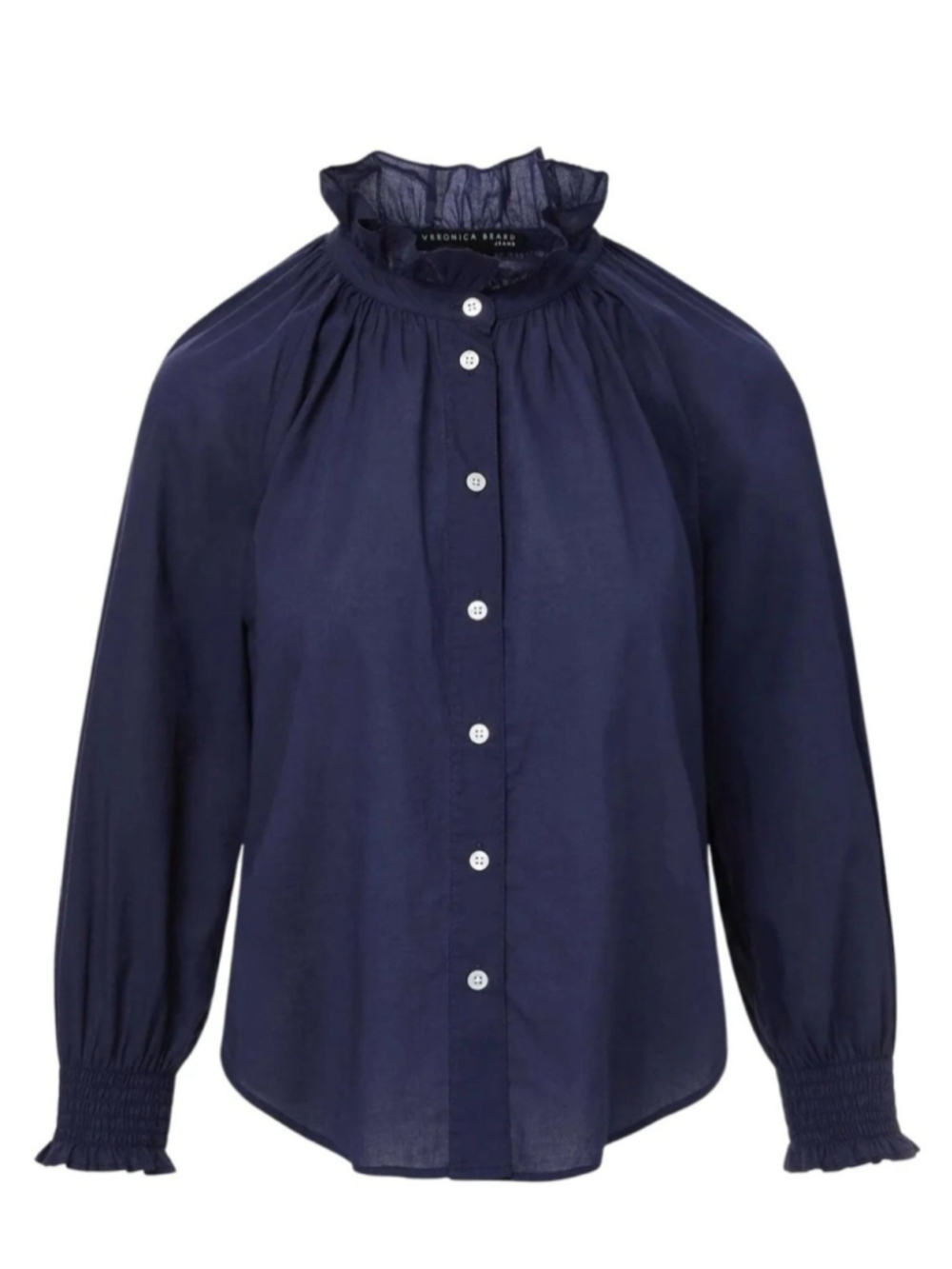 VERONICA BEARD Calisto Shirt Womens Medium Marine blue ruffle collar Luxury